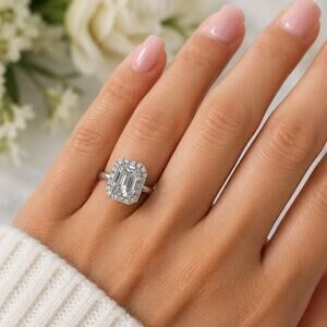 2.34CT Emerald Cut VVSD Moissanite Halo Ring 925 SS Size 9 Engagement Ring